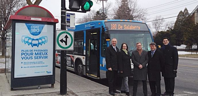 From left to right, Aref Salem, member of the executive committee of the city of Montreal and responsible for transportation; &Eacute;milie Thuillier, city councilor in the borough of Ahuntsic-Cartierville; Philippe Schnobb, chairman of the board of directors of the STM; M . Marc B&eacute;langer, director, planning and management of networks, STM; and Harout Chitilian, a counselor in the borough of Ahuntsic-Cartierville