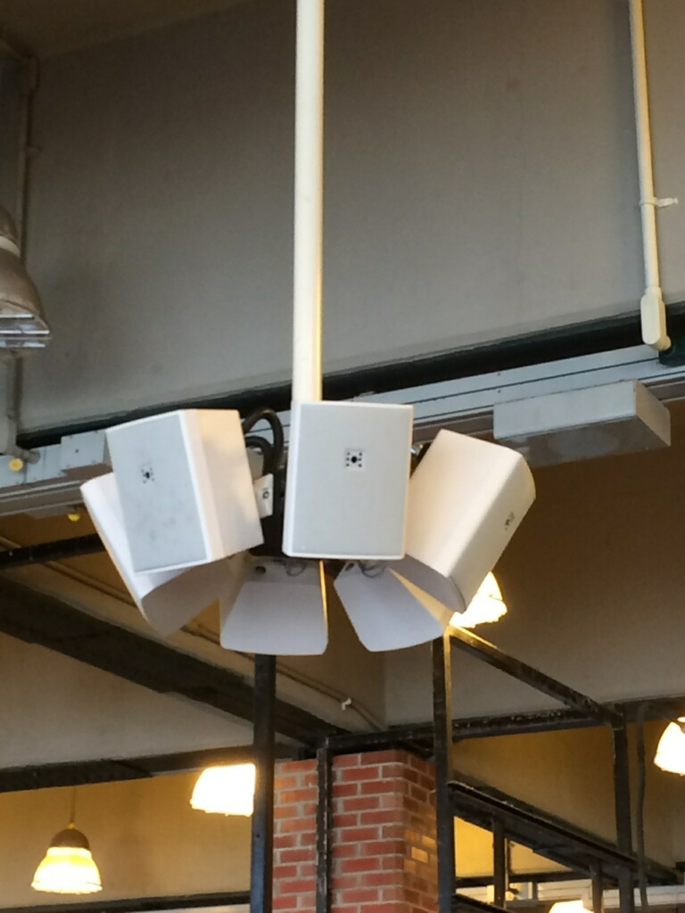 The chandelier formations consisting of six loudspeakers each, which he says provide a level of coverage and intelligibility that previously required 40 loudspeakers.