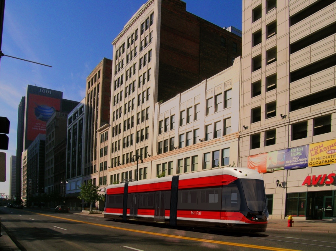 A conceptual rendering shows a Liberty Modern Streetcar traveling along Woodward Avenue using an onboard energy storage system.