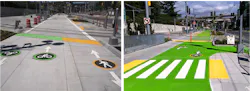 Before and after photos of SW Moody cycletrack and sidewalk improvements looking north. Before and after photos of SW Moody cycletrack and sidewalk improvements looking north.