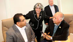 Victor Valley Transit Authority Vice-Chair and Apple Valley Mayor Pro Tem, Barb Stanton, center, welcomes the two new board members added following its merger with Barstow Area Transit, San Bernardino County Third District Supervisor James Ramos, left, and City of Barstow Councilmember Richard Harpole, right. San Bernardino County First District Supervisor Robert Lovingood, also a board member, stands center-right. The VVTA Board of Directors is now a seven-member board. Victor Valley Transit Authority Vice-Chair and Apple Valley Mayor Pro Tem, Barb Stanton, center, welcomes the two new board members added following its merger with Barstow Area Transit, San Bernardino County Third District Supervisor James Ramos, left, and City of Barstow Councilmember Richard Harpole, right. San Bernardino County First District Supervisor Robert Lovingood, also a board member, stands center-right. The VVTA Board of Directors is now a seven-member board.