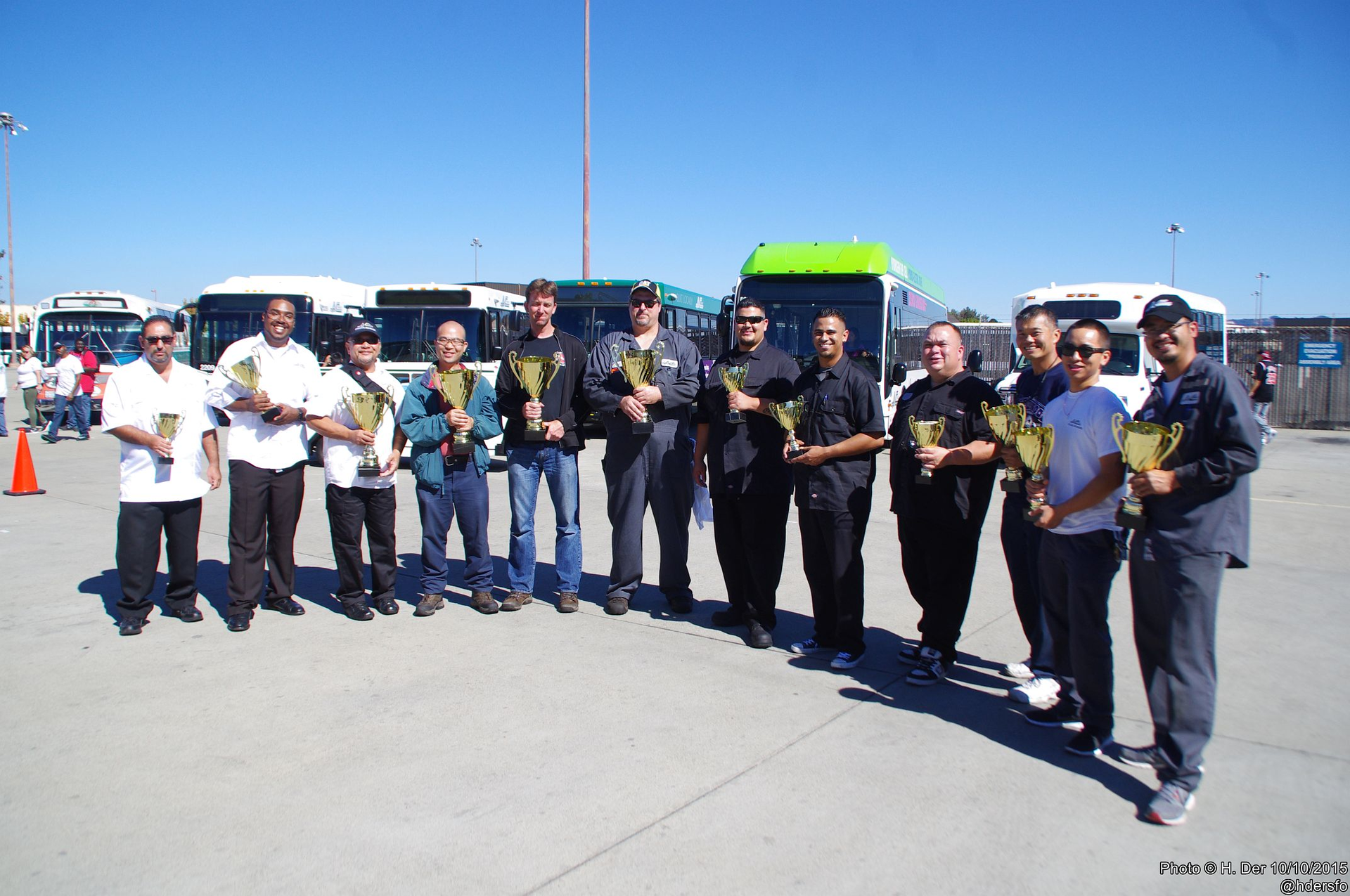 AC Transit 2015 Bus Roadeo Winners: AC Transit Bus Roadeo winners celebrate victory at the awards ceremony held in Hayward. Pictured from left to right, Steve Armijo, Jr., Adrian McFarland, Jesse Dela Cruz, Alvin Tan, Sean Burr, Kenneth Taylor, Xavier Ochoa, Miguel Lopez, Victor Pierson, Fred Phang, Ryan Mah, and Arthur Bonifacio.