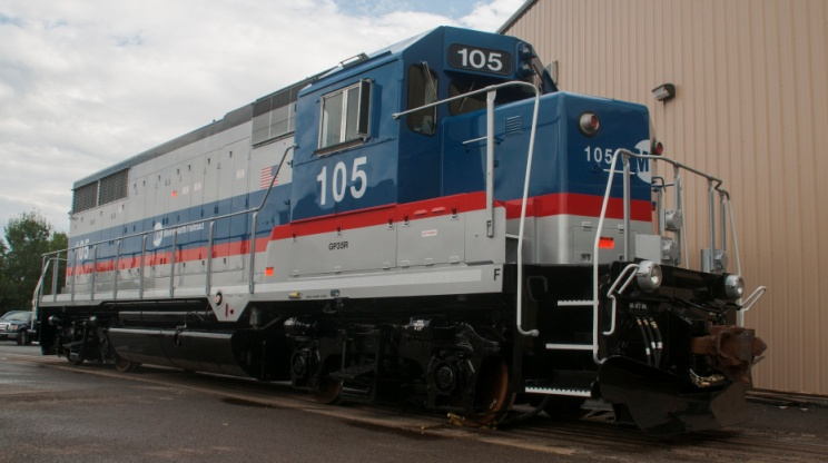 The first of seven GP35R locomotives rests on the tracks outside Brookville&rsquo;s facility in Pennsylvania prior to shipment to Metro-North Railroad in New York City.