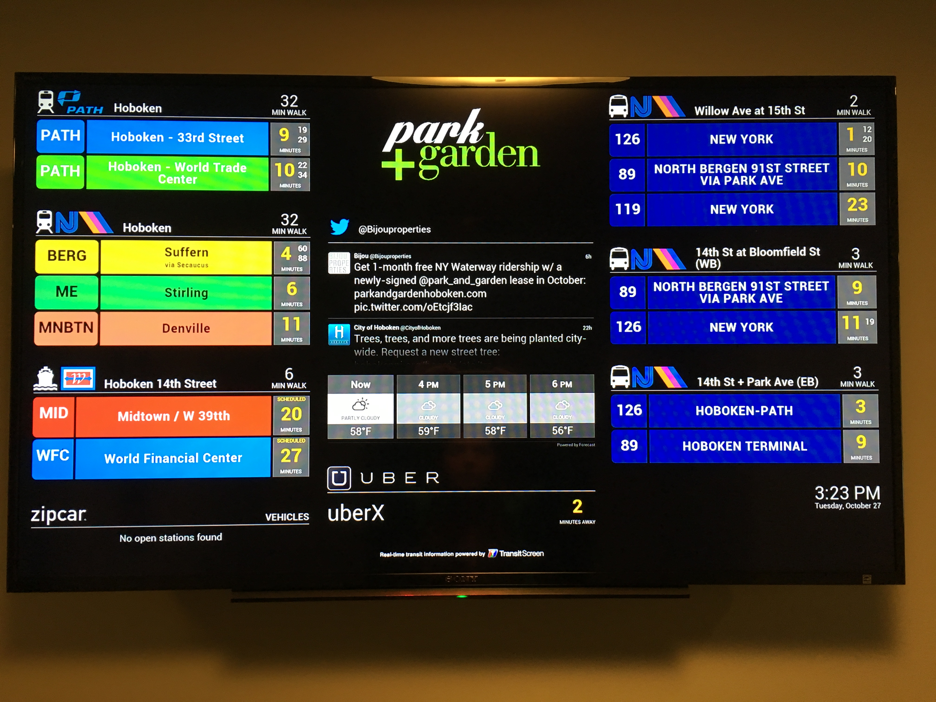 The installation is the first TransitScreen showcasing PATH, NJ Transit Rail, NJ Transit Bus, and NY Waterway ferry information for the NY Metro area.