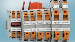 Phoenix Contact has expanded its range of Power Turn high-current terminals to include options with maximum wire sizes from 10 AWG to 250 MCM. Phoenix Contact has expanded its range of Power Turn high-current terminals to include options with maximum wire sizes from 10 AWG to 250 MCM.