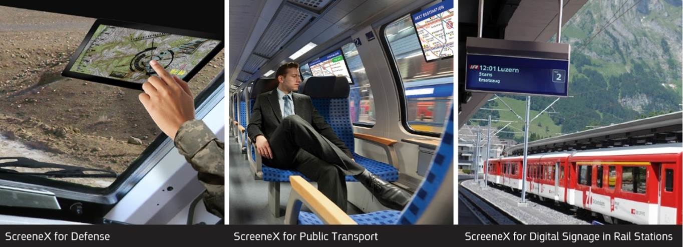 ScreeneX is a window technology utilizing high-resolution LCD screens embedded in insulated, laminated or tempered glass which can be used in signs, partitions as well as vehicle doors and windscreens.