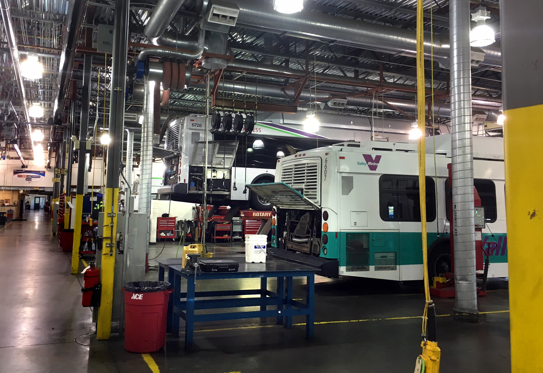 The Tempe bus garage was designs for natural gas vehicles. The buses are backed in so they can all be accessed from a common center aisle.