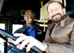 St. Cloud Metro Bus Executive Director Ryan Daniel coaches one of the delegates from Spalt through the roadeo course. St. Cloud Metro Bus Executive Director Ryan Daniel coaches one of the delegates from Spalt through the roadeo course.