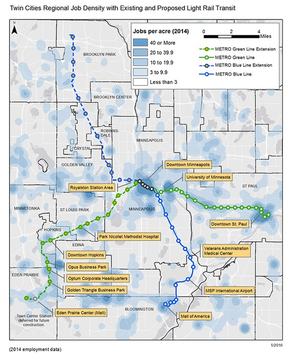 The shading on this map shows employment concentrations along the proposed Southwest LRT line and regional destinations on existing METRO Green and Blue Lines and planned Blue Line Extension.