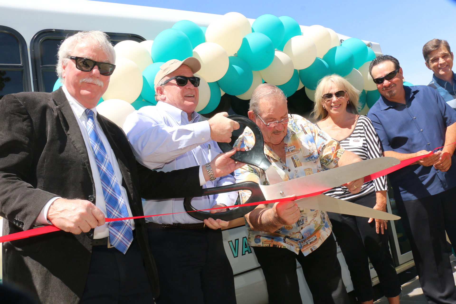Local dignitaries at the ribbon cutting for the new route. Left to right: San Bernardino Superior Court Presiding Judge Raymond Haight, San Bernardino County Board of Supervisors Vice Chair Robert Lovingood, City of Needles Mayor Ed Paget, Needles Chamber of Commerce President Pam Blake, City of Needles Council Member Shaun Gudmundson, City of Needles Vice Mayor Jeff Williams