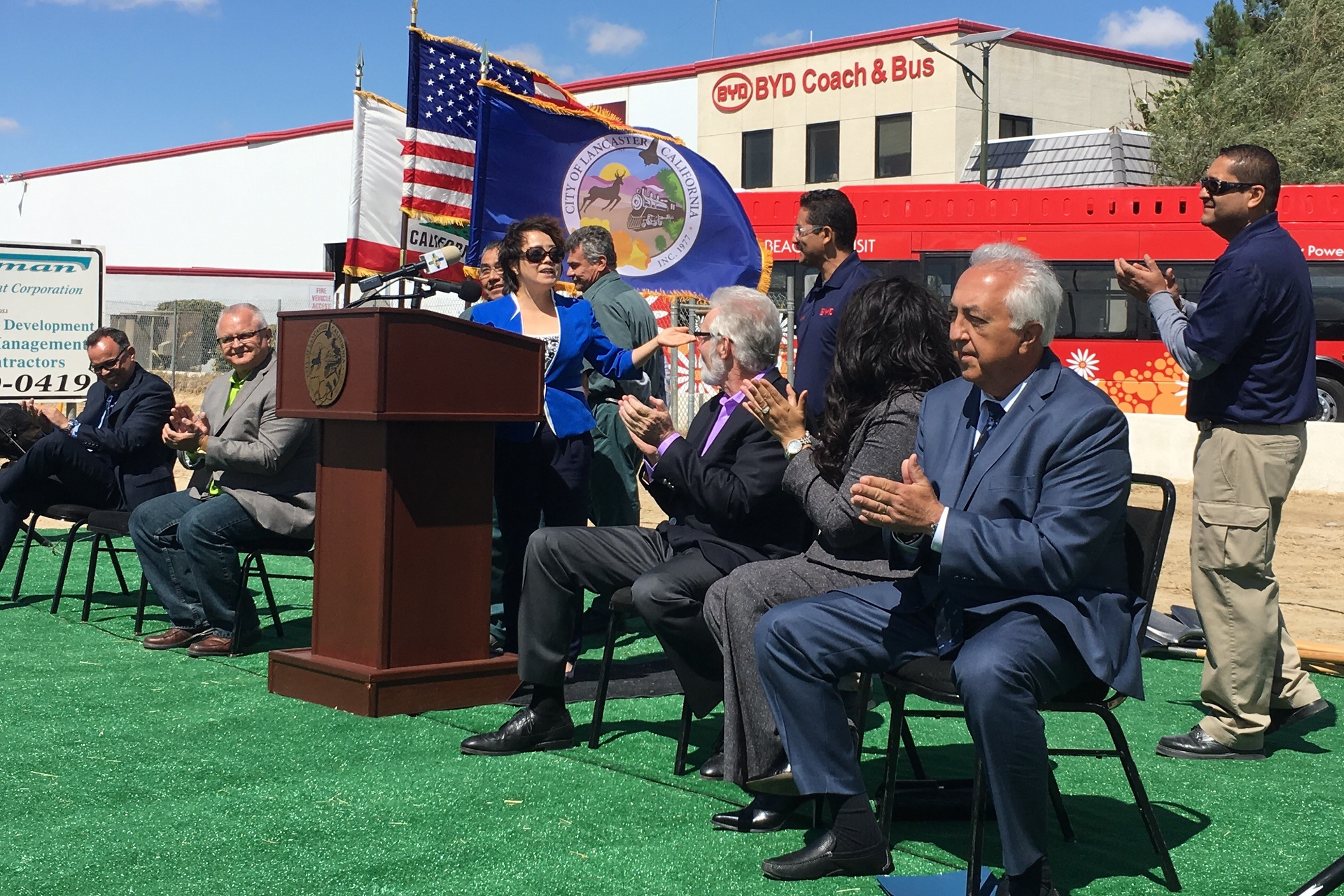 BYD America President Stella Li, joined by City of Lancaster Mayor R. Rex Parris and some of BYD&rsquo;s original Lancaster employees at the groundbreaking of Phase II.