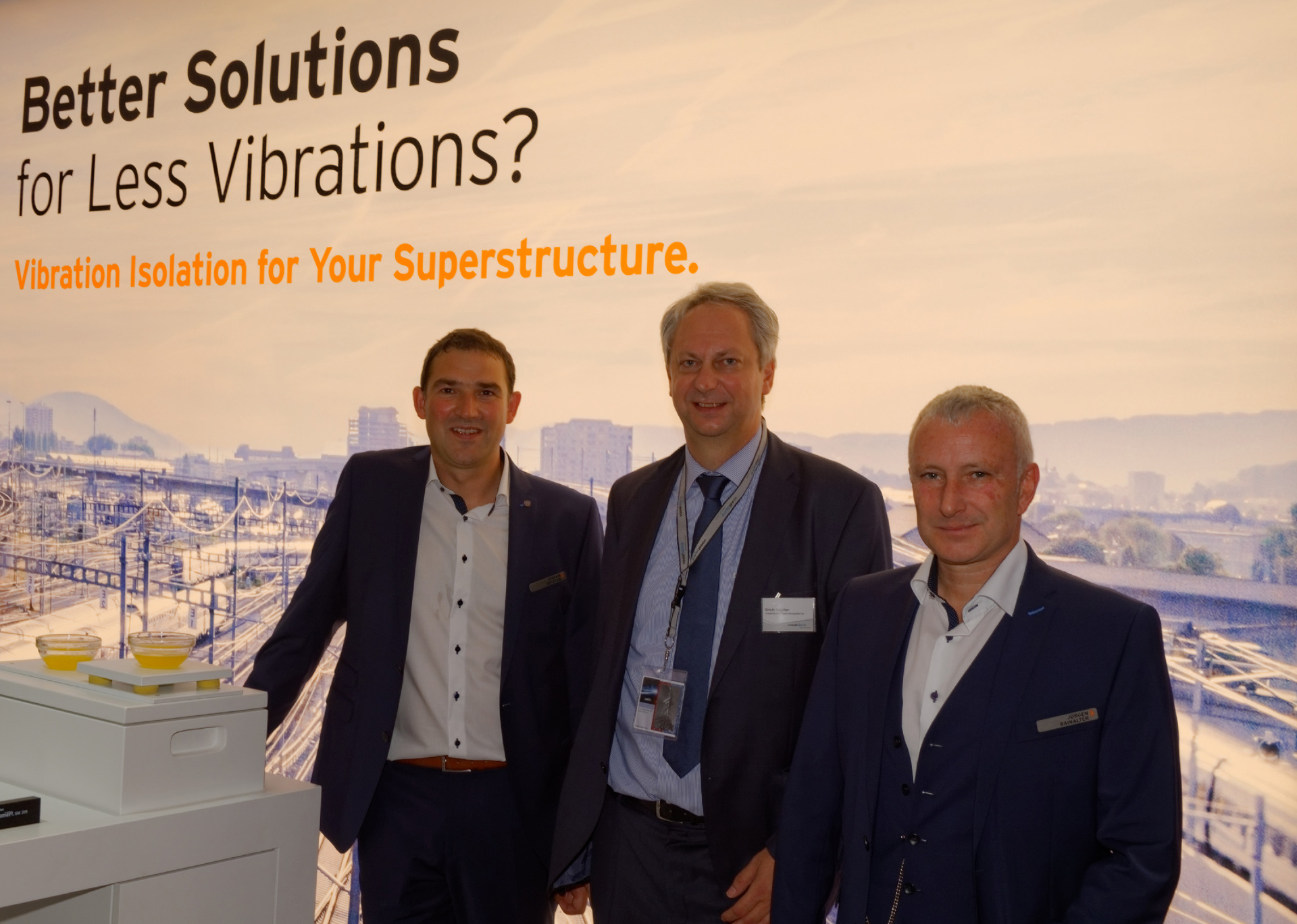 Erich Wipfler (voestalpine Weichensysteme), Stefan Potocan and J&uuml;rgen Rainalter (Getzner) gave at the InnoTrans an insight into the challenges facing the vibration protection in the Gotthard Base Tunnel.