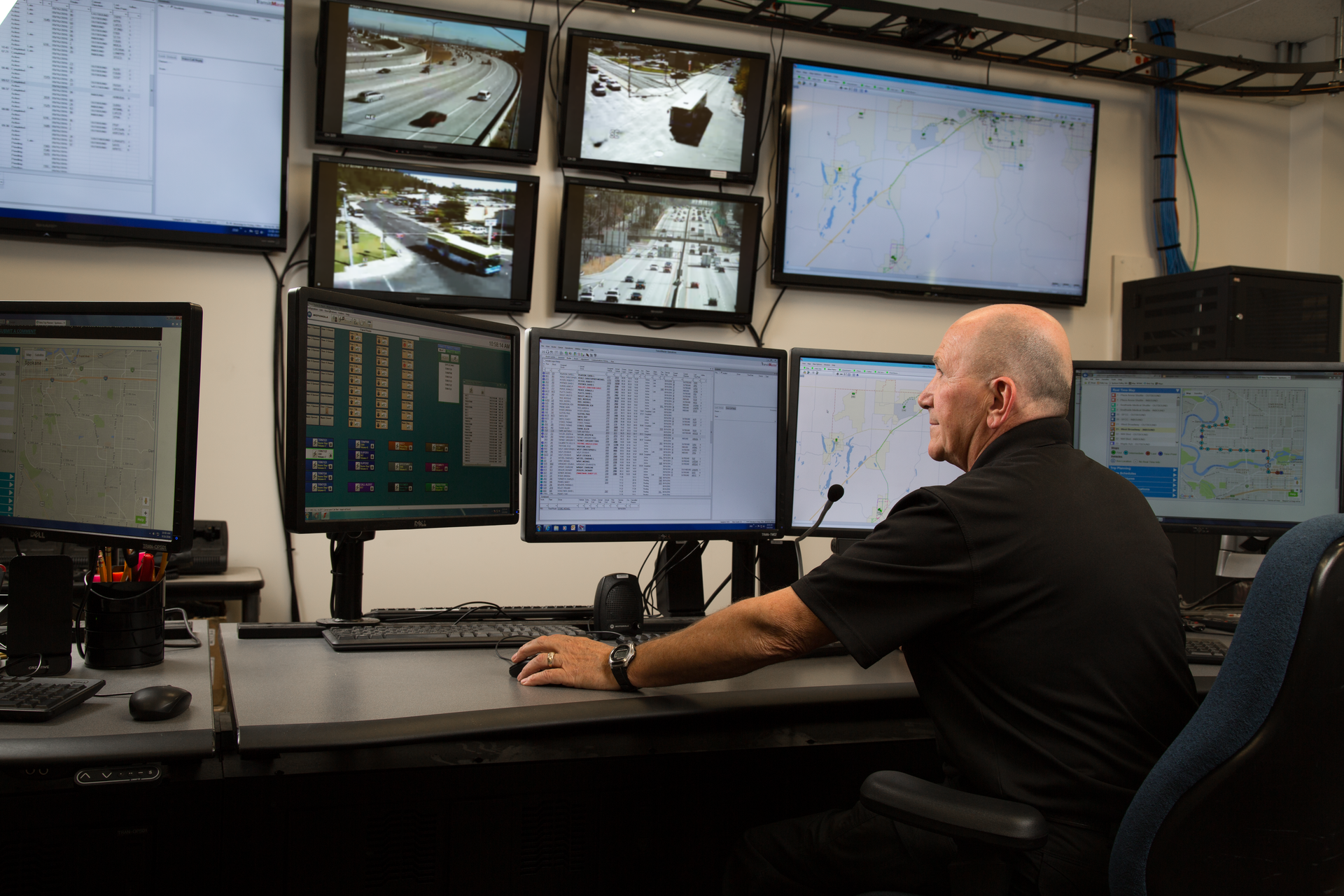 Supervisor John Schlabach in the control room managing afternoon peak traffic.