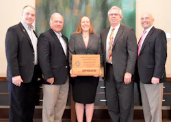 The award was accepted by, from left to right in the photo: ITD Controller Dave Tolman, Idaho Transportation Board member Jim Coleman, ITD GARVEE Manager Amy Schroeder, Dave Butzier of AECOM and Connecting Idaho Partners, and ITD Chief Operations Officer Jim Carpenter. The award was accepted by, from left to right in the photo: ITD Controller Dave Tolman, Idaho Transportation Board member Jim Coleman, ITD GARVEE Manager Amy Schroeder, Dave Butzier of AECOM and Connecting Idaho Partners, and ITD Chief Operations Officer Jim Carpenter.