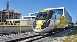 BrightBlue, the first Brightline trainset, passes by the Brightline West Palm Beach Station for the first time. BrightBlue, the first Brightline trainset, passes by the Brightline West Palm Beach Station for the first time.