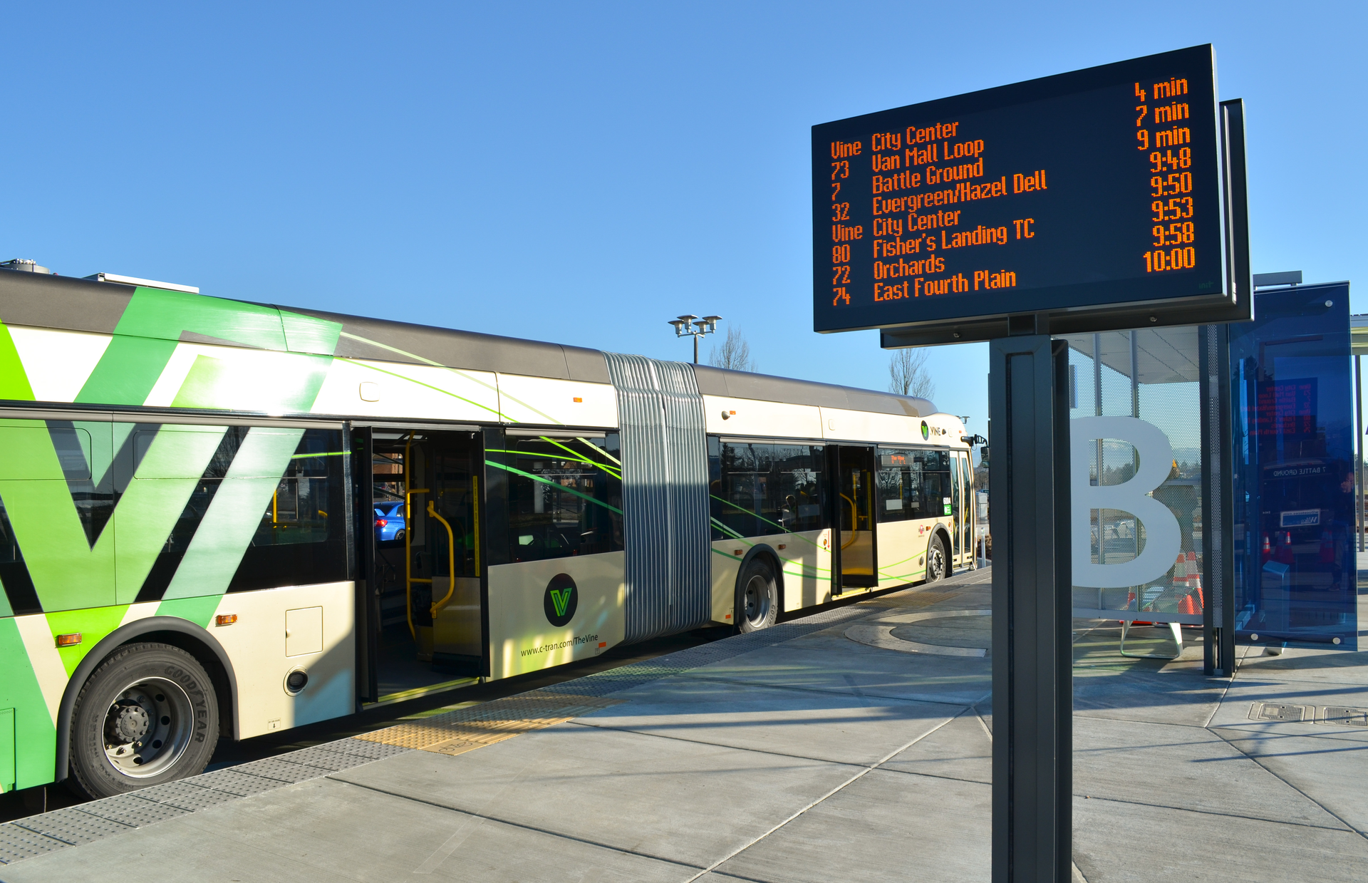 The Vancouver mall station features real-time arrival information.