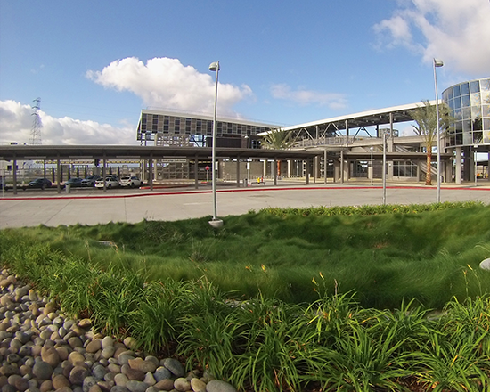 The grasses and pebbles of bioswales will help filter pollutants and regulate drainage.