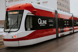 A Brookville Liberty Streetcar undergoes testing procedures along Detroit-based M-1 RAIL’s QLINE in early 2017. A Brookville Liberty Streetcar undergoes testing procedures along Detroit-based M-1 RAIL’s QLINE in early 2017.