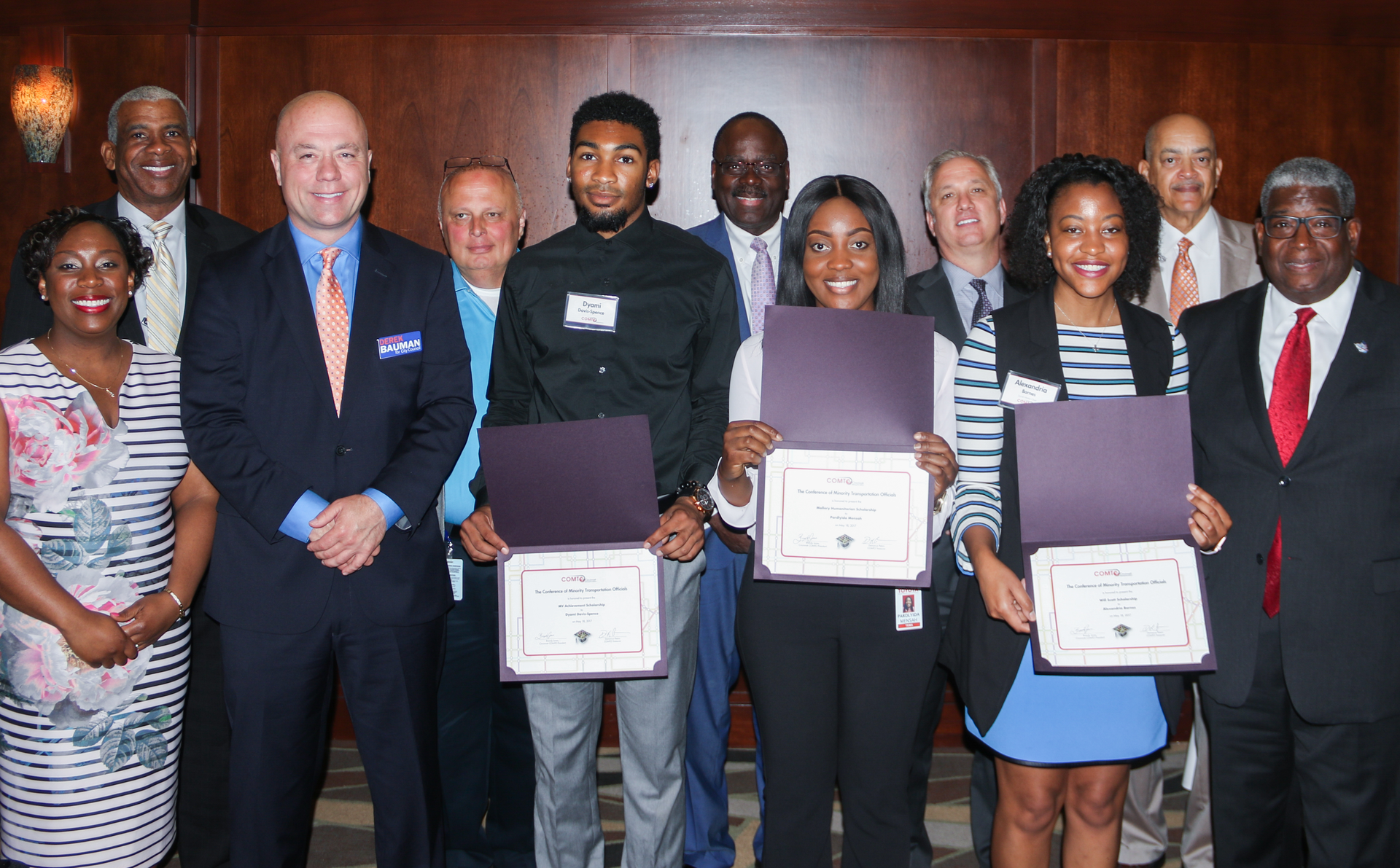 (front left to right): COMTO Cincinnati Chapter President Brandy Jones, Derek Bauman, award recipients Dyami Davis-Spence, Pardlydia Mensah, Alexandria Barnes, COMTO National President and CEO A. Bradley Mims,(Back left to right) SORTA CEO Dwight A. Ferrell, MV Transportation GM Michael Roth, Judge Dwane Mallory, First Transit President Brad Thomas and Will Scott