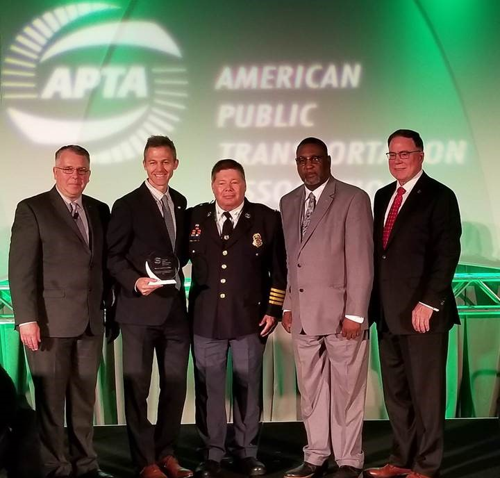 Pictured (left to right): APTA Chair Doran J. Barnes; MDOT MTA Acting Administrator Kevin Quinn; MDOT MTA Police Chief Colonel John E. Gavrilis; MDOT MTA Chief Safety Officer Phil Thomas; and APTA Acting President & CEO Richard A. White.