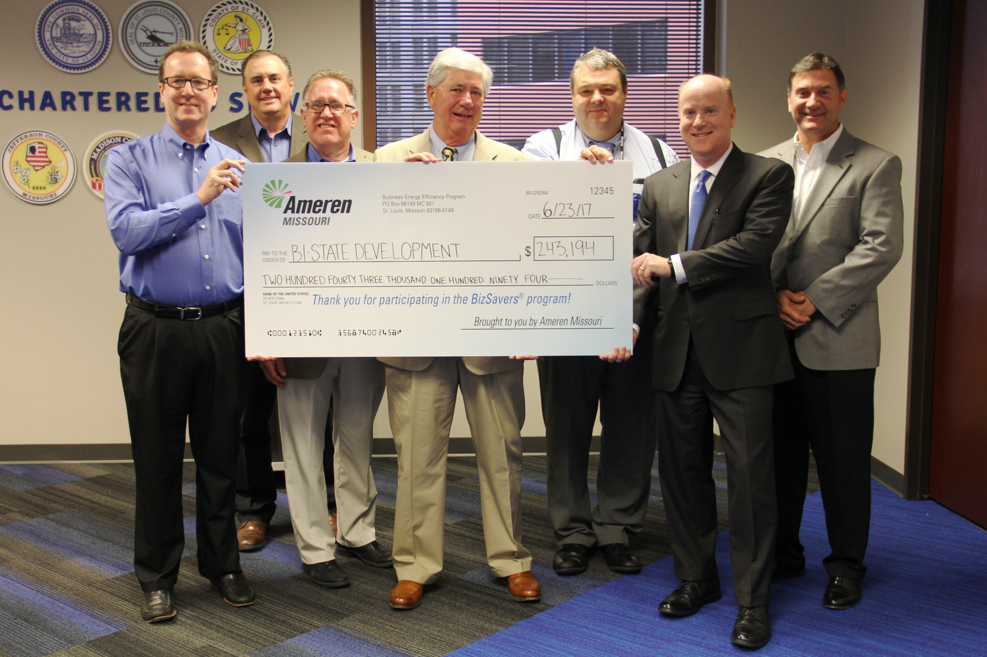 from Left to Right: Jeff Kelley - business development lead, Ameren Missouri; Rich Wright - manager energy efficiency, Ameren Missouri; David Dietzel - chairman of Bi-State Development Board of Commissioners; Ray Friem - executive director, Metro Transit; John Nations &ndash; president and chief executive officer, Bi-State Development; Mike Mueller &ndash; vice president of economic and technology development, Ameren Missouri.