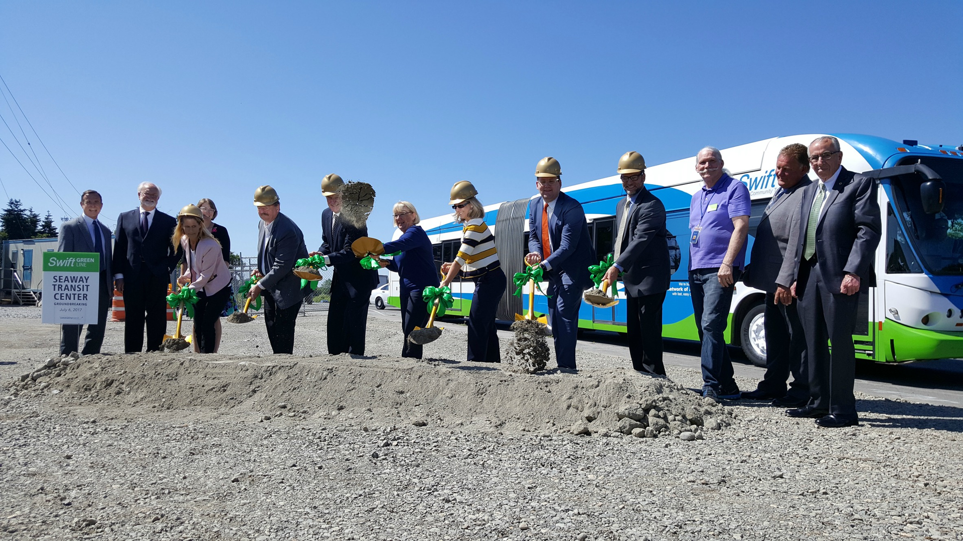 Local, state and federal officials celebrate the groundbreaking of Community Transit&rsquo;s Swift Green Line in Everett. Sen. Patty Murray is in center.
