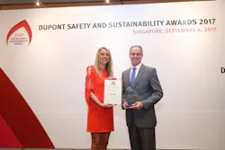 L to R: Mieke Jacobs, president of the Jury for the Dupont Safety and Sustainability Awards, presents the DuPont Global Safety Award to Mark Collins, BC Ferries’ president & CEO. L to R: Mieke Jacobs, president of the Jury for the Dupont Safety and Sustainability Awards, presents the DuPont Global Safety Award to Mark Collins, BC Ferries’ president & CEO.