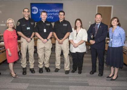 left to right, Susan G. Metzger, Chair Metro-North Railroad Committee; Andrew Seicol, Assistant Fire Chief, GCT Fire Brigade; James Tipa, Fire EMS Officer, GCT Fire Brigade; Jonathan Lee, Chief, GCT Fire Brigade; Danielle Bonge, Metro-North Railroad Engineer; John O'Brien, Metro-North Railroad Conductor; Catherine Rinaldi, Acting President, Metro-North Railroad.