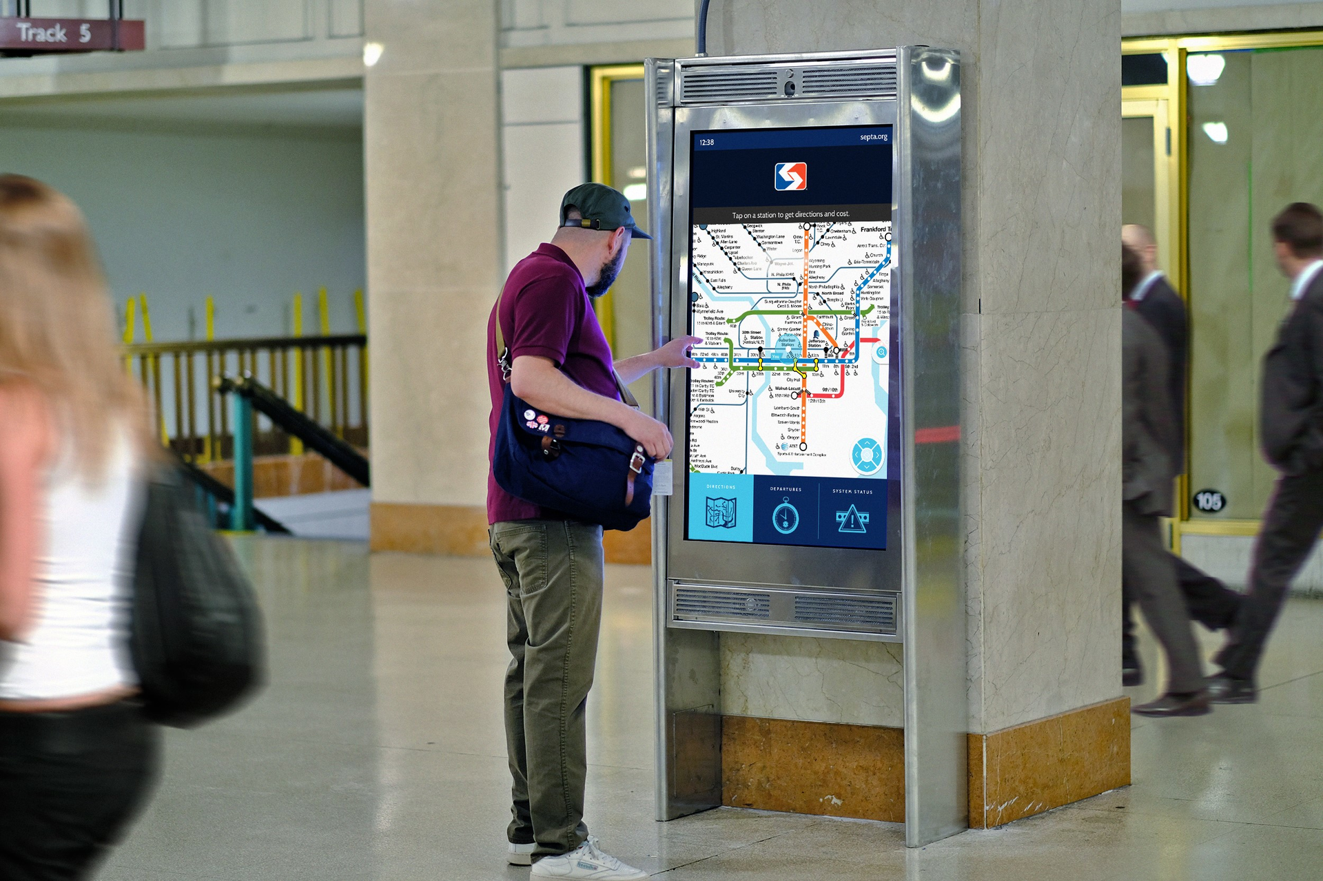 Intersection&rsquo;s interactive kiosk at Southeastern Pennsylvania Transportation Authority's Suburban Station. By generating data that helps transit agencies understand the real-time status of their system, they can respond to customer needs. Kiosks can combine interactive wayfinding, service changes, and real-time arrivals customized to the station or platform where the kiosk is located.