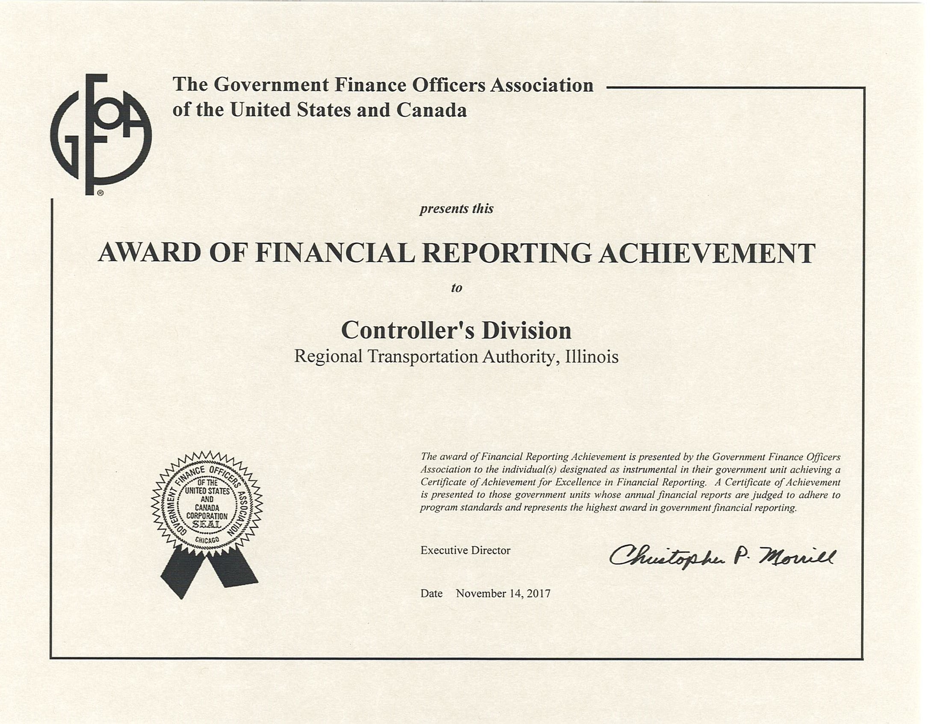 RTA Receives GFOA Distinguished Financial Report Award for 23rd Year in Row.