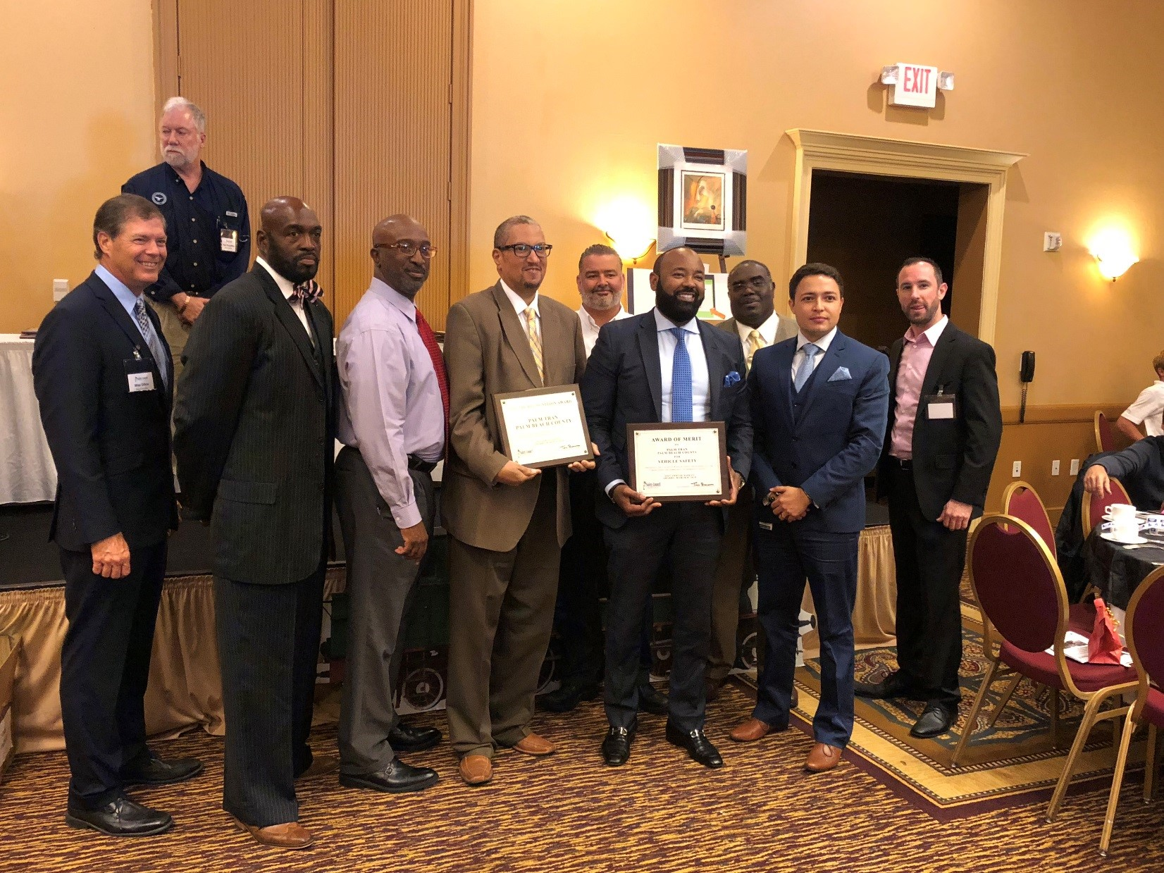 From left: Safety Council of Palm Beach County Board President Mike Dillon, former Palm Tran Performance Management Manager Keith Clinkscale, Palm Tran Senior Manager of Operations Steven Fields, Palm Tran Director of Operations Sean Smith, Palm Tran Maintenance Supervisor Jorge Torres, Palm Tran Executive Director Clinton B. Forbes, Palm Tran Maintenance Trainer Superintendent Peter Skeete, Palm Tran Interim Performance Management Manager Christian Londono and Safety Council of Palm Beach County Secretary Matt King.