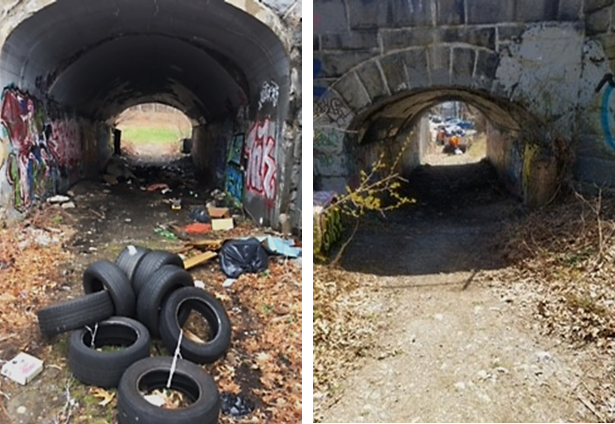 A before and after photo of the pedestrian path near Forest Hills.