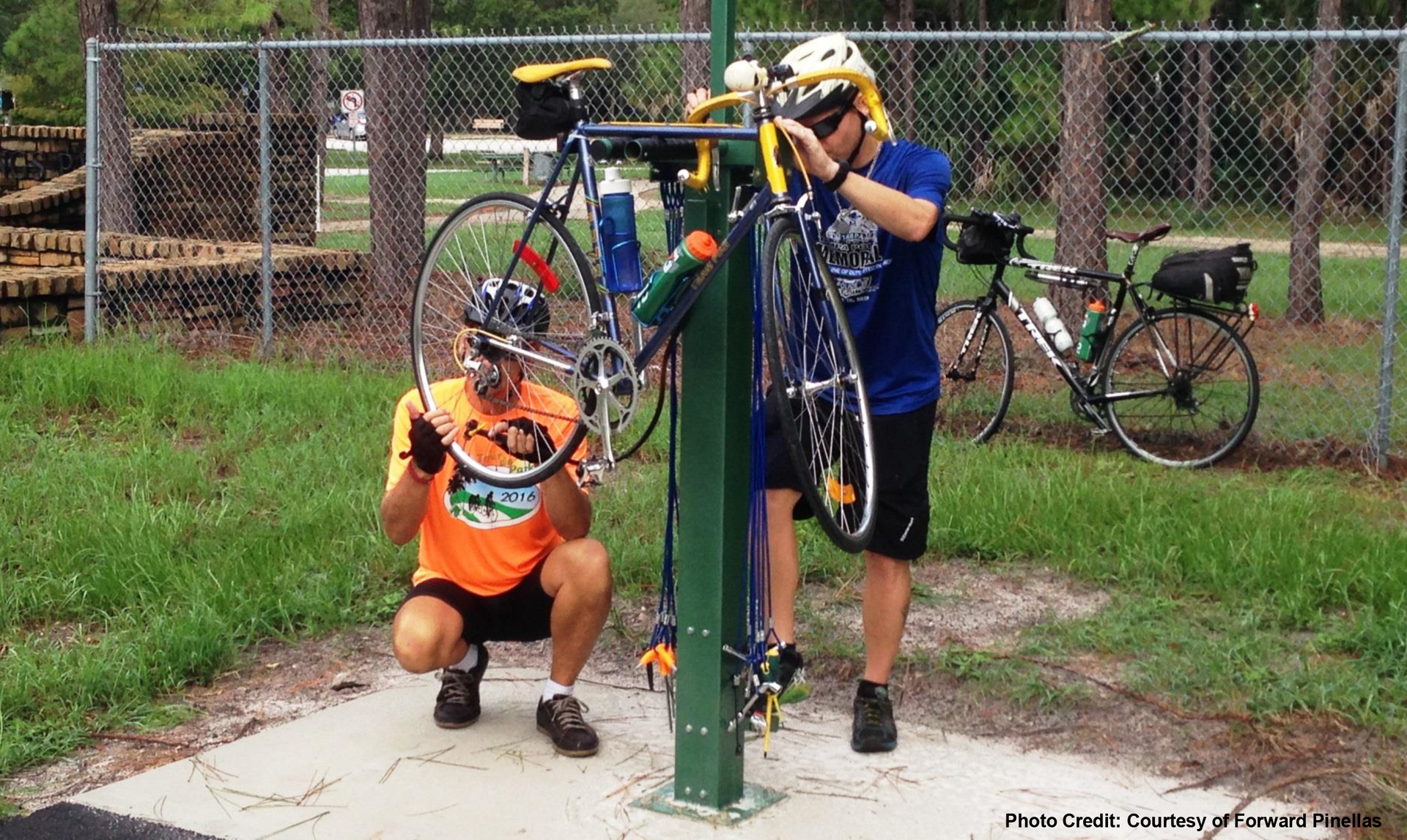 The pearl-green, 6-foot-tall stations are equipped with a tool kit, foot-operated air pump and psi gauge, plus two bars that allow riders to hang their bikes while they repair them.