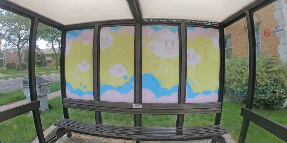 The new art program kicked off on June 14th with the public unveiling of the first two bus art shelters.