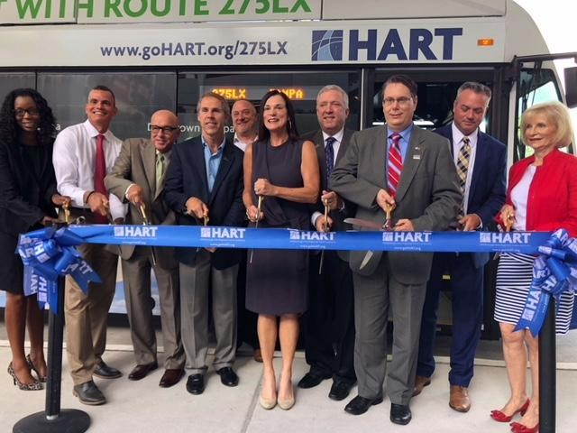 Route 275LX Ribbon-Cutting guests and speakers (L-R) HART Board of Directors Melanie Williams, !p Chief Potential Officer Mark Sharpe, TPA CEO Joe Lopano, HART Board of Directors Richard McClain, Director of Operations SSP America David Janecek, Florida State Senator Dana Young, District 18, Florida Department of Transportation District Seven Secretary David Gwynn, HART Interim Interim Chief Executive Officer Jeff Seward, Pasco County Commissioner Mike Moore, Chair, Hillsborough County Commissioner and HART Board of Directors Sandra Murman.