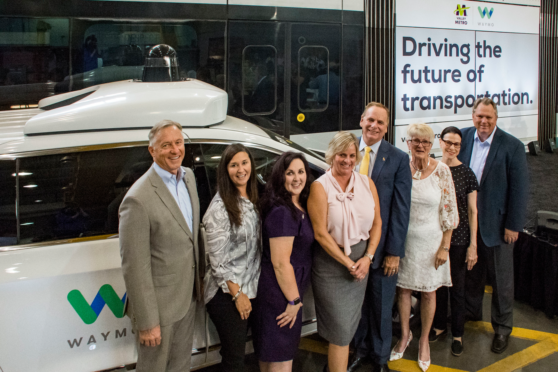 From left: Mesa Mayor John Giles, Tempe Vice Mayor Robin Arredondo-Savage, Gilbert Councilmember Brigette Peterson, Glendale Vice Mayor & Valley Metro RPTA Chair Lauren Tolmachoff, Chandler Councilmember Kevin Hartke, Phoenix Mayor & Valley Metro Rail Chair Thelda Williams, Scottsdale Councilwoman Suzanne Klapp and Valley Metro CEO Scott Smith