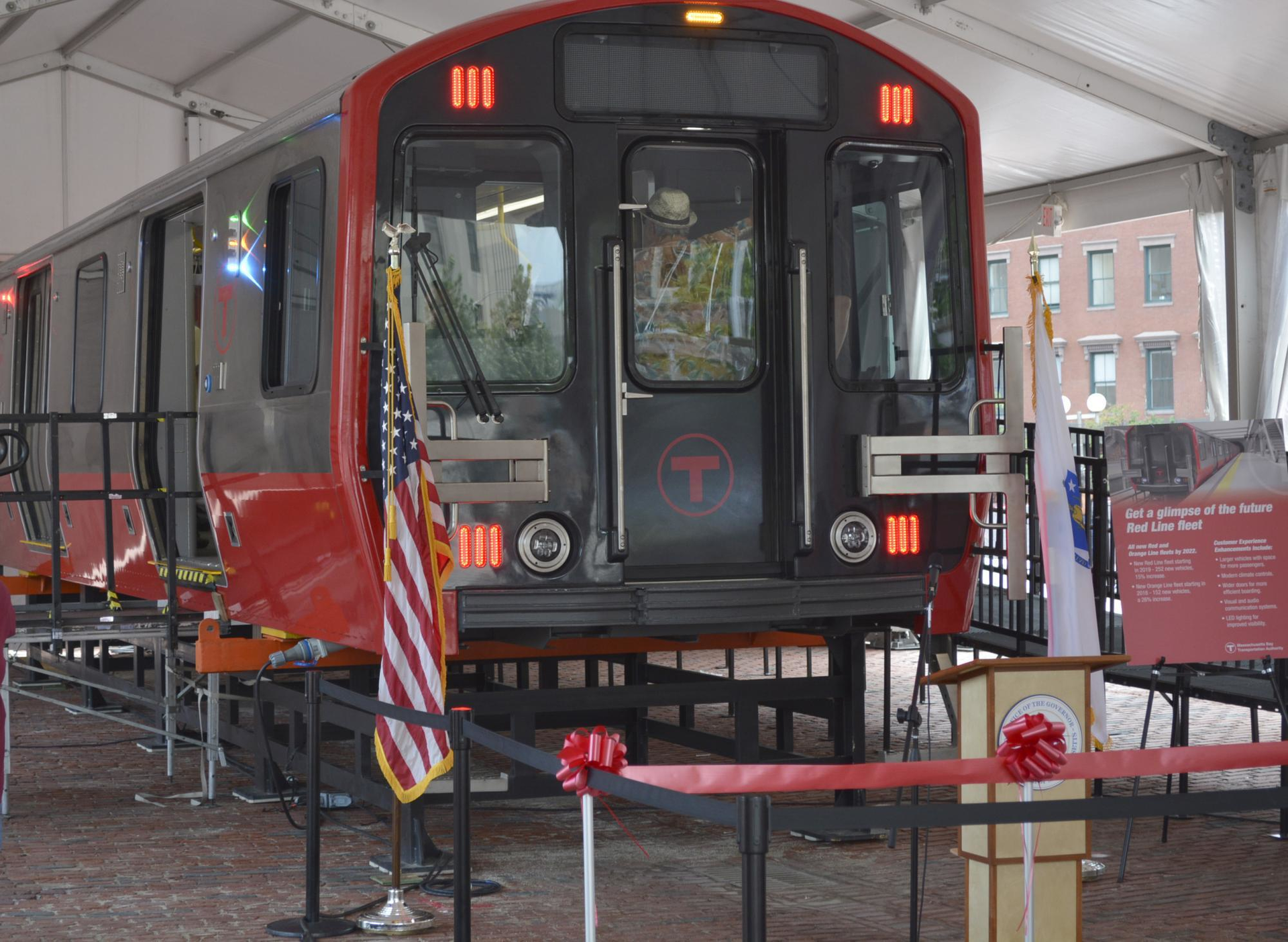 The Red Line mock-up car on display at City Hall Plaza.