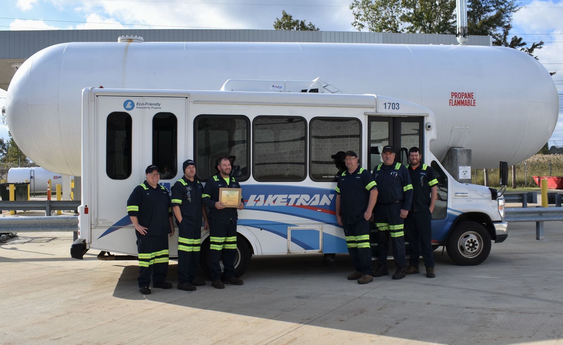 Members of Laketran&rsquo;s maintenance team in front of the 30,000 gallon propane tank and a propane powered Dial-a-Ride vehicle, added to Laketran&rsquo;s fleet in 2017. Laketran was recently designated as a Three-Star Ohio Green Fleet by Clean Fuel Ohio. (Left to Right): Joe Doeing, Jeremy Smalley, Nick Borelli, Scott McFadden, Barry Mallory, & Andrew McNamee.