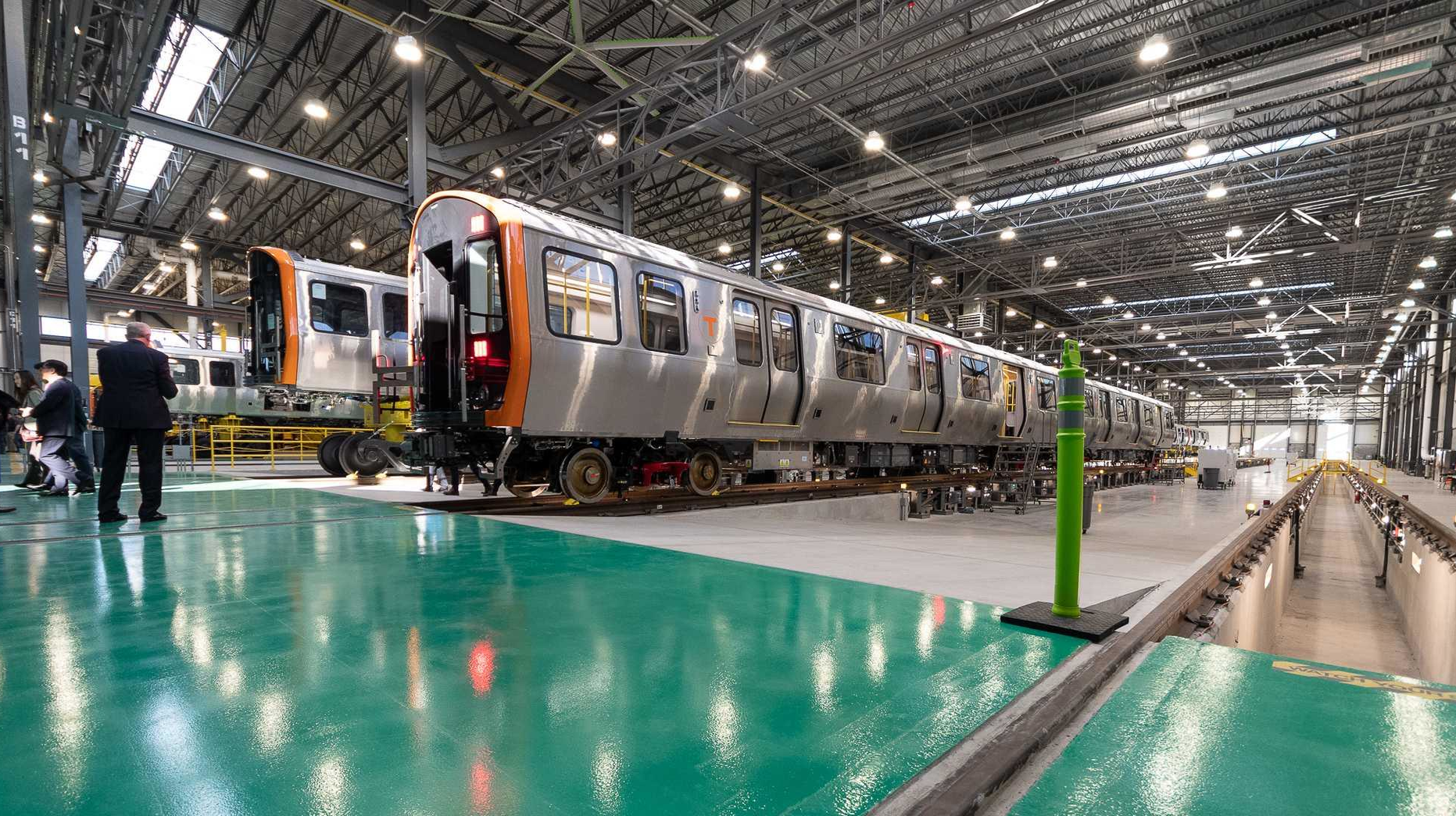 The first of the new MBTA Orange Line cars were completed at CRRC's Massachusetts manufacturing facility.