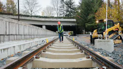 Ballasted track installed east of the Mercer Island station. Ballasted track installed east of the Mercer Island station.