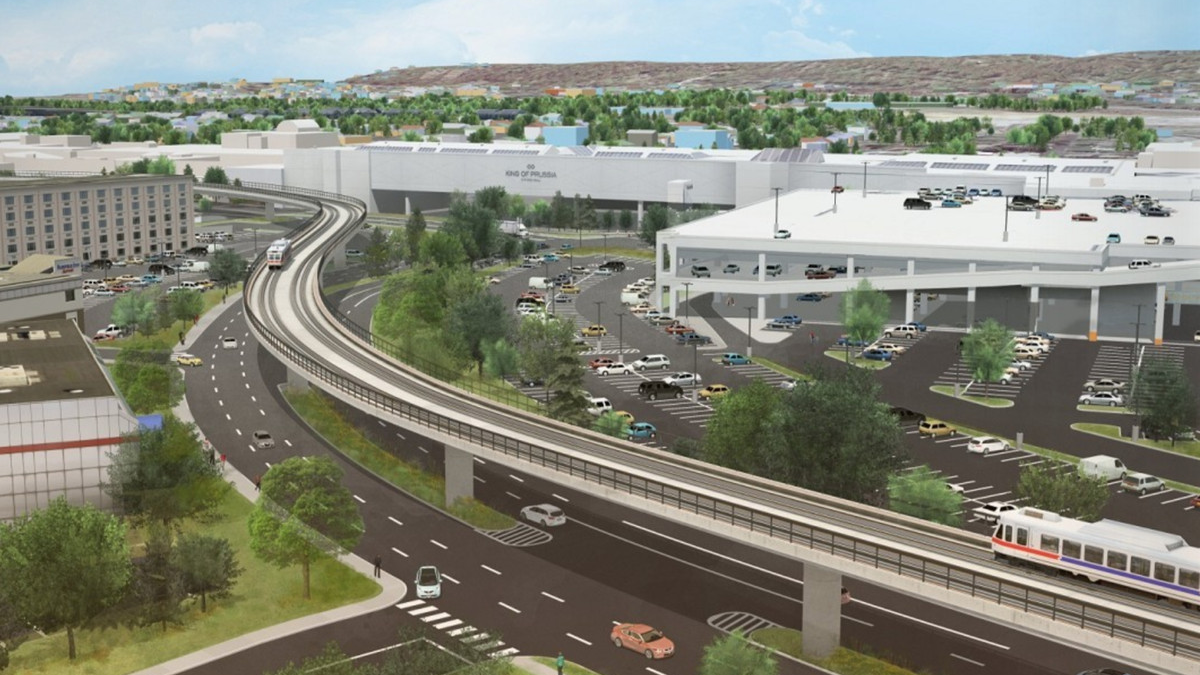 Rendering of the King of Prussia Rail extension traveling along Mall Boulevard.
