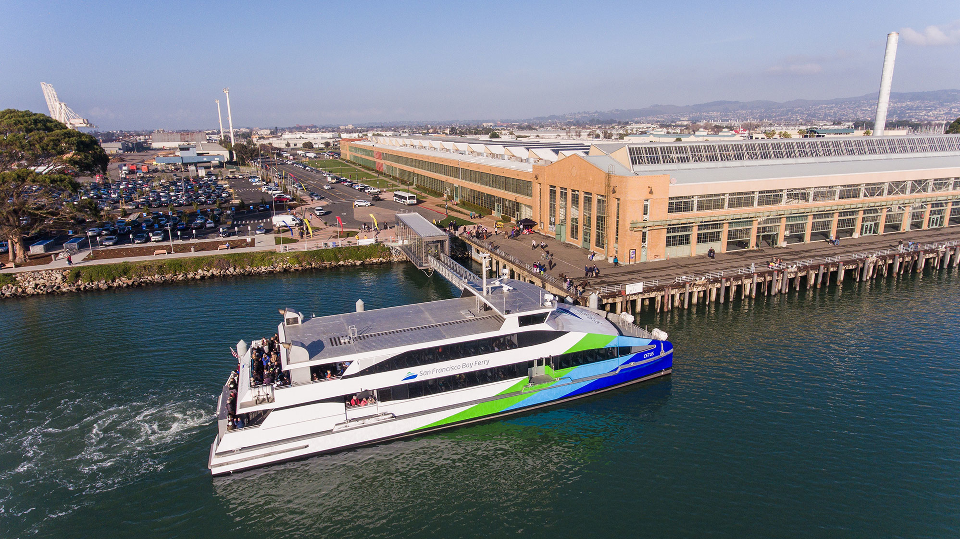 A ferry approaches the Richmond shoreline.