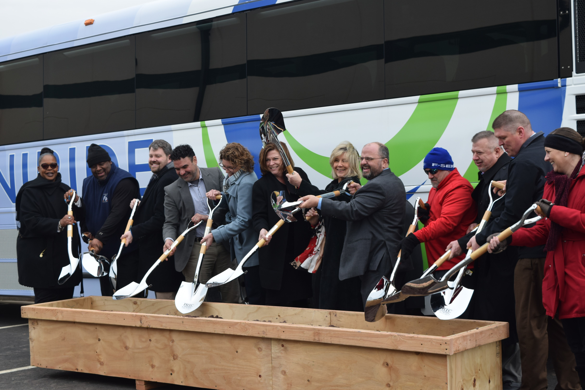 OmniRide broke ground on January 23, 2019 on a facility in Manassas. Participating in the event from left to right were: Tracie Brentley, First Transit; Thomas Boykin, First Transit; Ian Lovejoy, City of Manassas Councilman; Ric Canizales, PWC Transportation Director; Jeanine Lawson, PRTC Member and PWC Brentsville Supervisor; Jennifer Mitchell, NVTA Member and DRPT Director; Ruth Anderson, PRTC Chair and PWC Occoquan Supervisor; Martin Nohe, NVTA Chairman and PWC Coles Supervisor; Norm Catterton, Alternate PRTC Member; Todd Johnson, First Transit General Manager; Bob Schneider, OmniRide Executive Director; Joy Himes, OmniRide transit planner