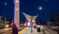 Stantec worked with GEC Architecture to design stations using a “kit of parts” approach, allowing the same components to be used on a variety of scales of stations across the City’s BRT system. The MAX Purple stations include heated shelters, real-time information, security and future allowances for off board fare payment. Photo credit: Jaime Vedres. Stantec worked with GEC Architecture to design stations using a “kit of parts” approach, allowing the same components to be used on a variety of scales of stations across the City’s BRT system. The MAX Purple stations include heated shelters, real-time information, security and future allowances for off board fare payment. Photo credit: Jaime Vedres.
