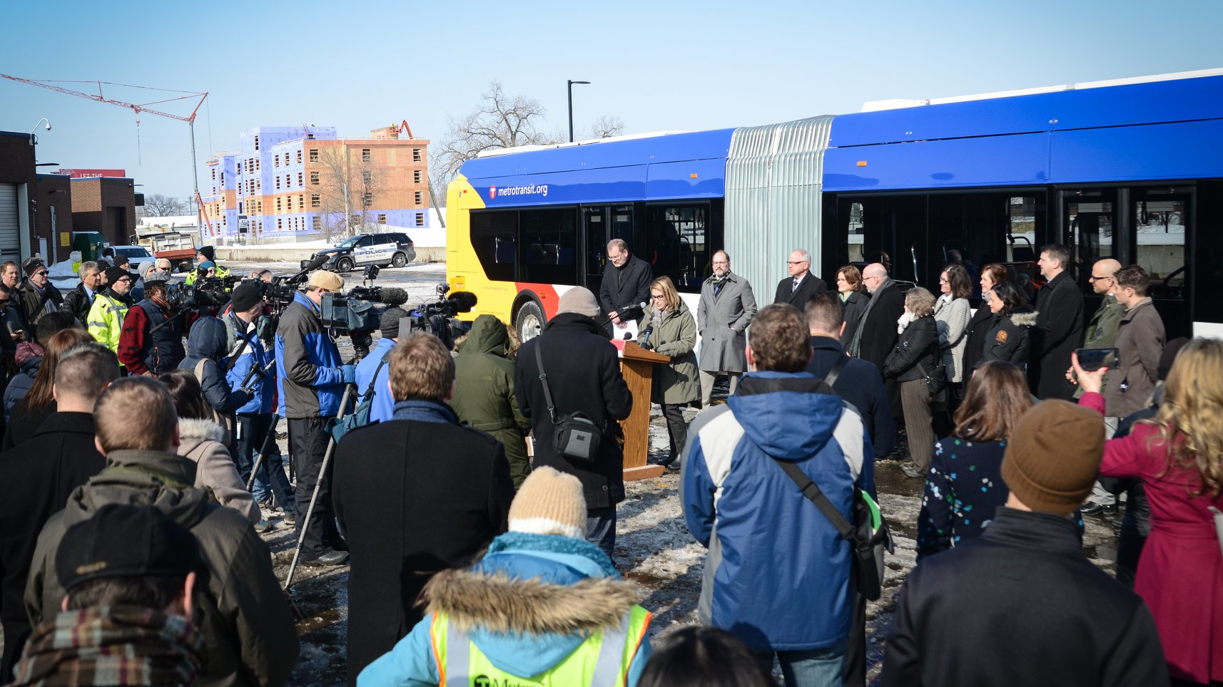 Local officials, media and others gathered Feb. 21, 2019 to celebrate the arrival of the first electric bus for future C Line service.