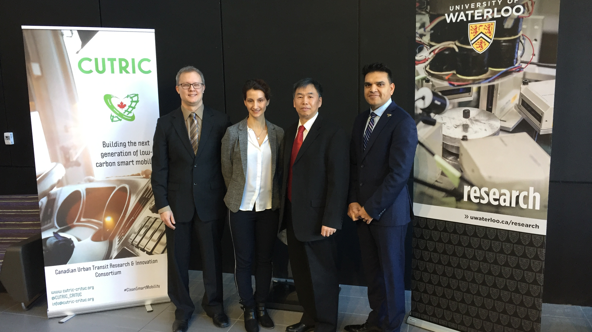 Left to right: Alan Young, Principal Research Engineer-Electrodes Manager, Ballard Power Systems Inc.; Josipa Petrunic, Executive Director & Chief Executive Officer, CUTRIC; Xianguo Li, Professor, Mechanical and Mechatronics Engineering, University of Waterloo; Sanjeev Gill, Associate Vice President, Innovation, University of Waterloo.