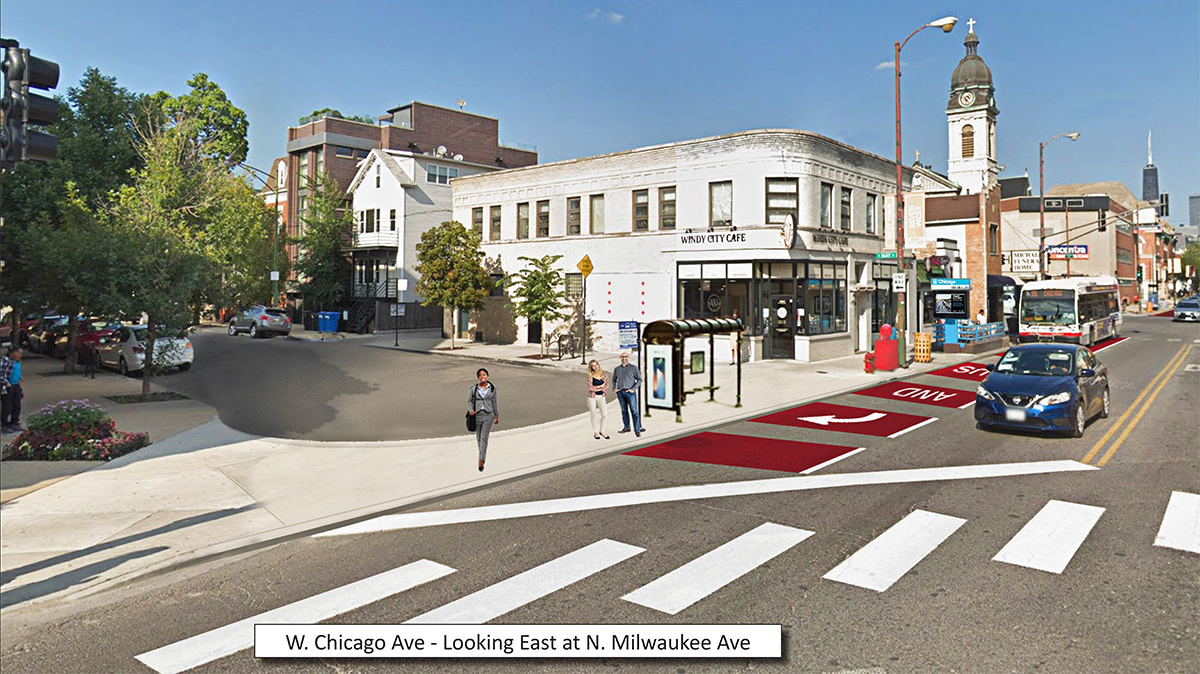 A rendering of the Bus Priority Zone along West Chicago Ave.