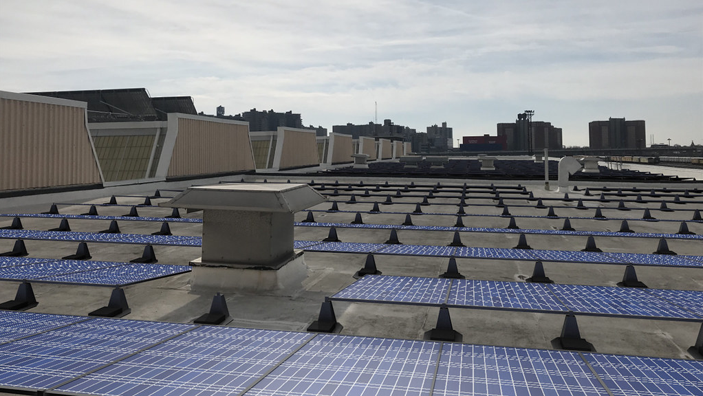 A rendering of the roof of MTA's Coney Island Maintenance Facility illustrating what it would look like with solar panels installed.