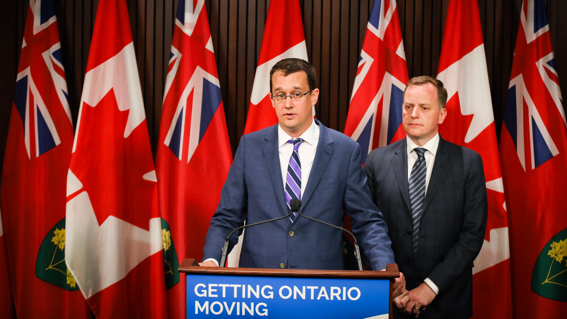 Minister of Infrastructure Monte McNaughton speaks during a call for the Canadian government to financially support the planned Ontario Line with Ontario Minister of Transportation Jeff Yurek.