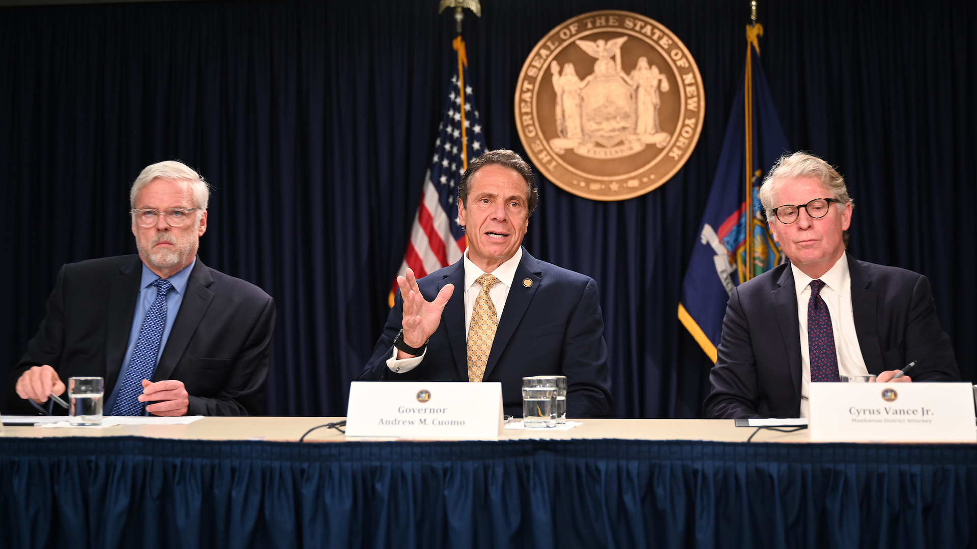 New York Gov. Andrew M. Cuomo, flanked by Pat Foye, Chairman and CEO of the MTA, left, and New York County District Attorney Cy Vance discusses the MTA's new subway and bus fare evasion enforcement policy in New York City on June 17, 2019.